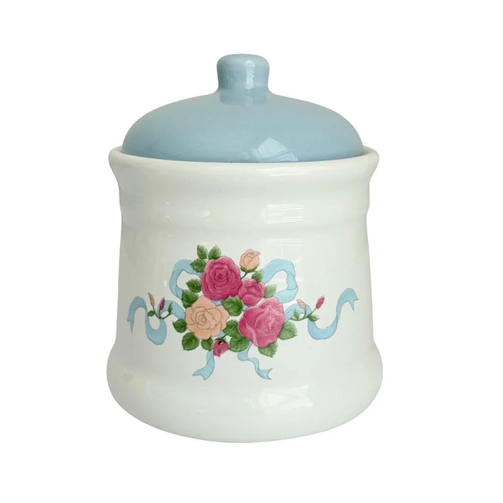 Floral Rose Musical Ceramic Canister White Blue Ribbon Cottagecore 5